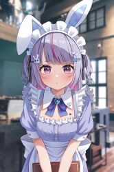 1girl absurdres animal_ears apron back_bow black_ribbon blunt_bangs blush bow bowtie closed_mouth fake_animal_ears hair_ornament hair_ribbon hairband hairclip hairpin hal_(haldayo913) heart heart_hair_ornament highres indoors looking_at_viewer maid maid_apron maid_headdress multicolored_hair purple_bow purple_bowtie purple_hair rabbit_ears rabbit_hair_ornament ribbon single_hair_streak solo streaked_hair thick_eyebrows tosaki_mimi virtual_youtuber vspo! white_bow white_hairband window