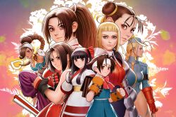 6+girls absurdres ainu_clothes arabian_clothes armor black_hair blonde_hair blue_eyes braid braided_ponytail breasts brown_eyes brown_hair capcom capcom_vs_snk chinese_clothes chun-li cleavage clenched_hands double_bun fatal_fury fighting_stance fingerless_gloves gloves hair_bun hair_ribbon headband highres justice_gakuen kazama_akira large_breasts leg_lift leg_up legs leotard long_hair looking_at_viewer looking_to_the_side multiple_girls nakoruru necktie official_art parted_lips pink_lips ponytail power_stone realistic ribbon rouge_(power_stone) samurai_spirits school_uniform shiranui_mai short_hair small_breasts smile snk star_gladiator street_fighter the_king_of_fighters thighs twin_braids wakaba_hinata