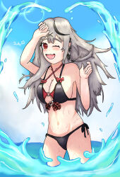 Rule 34 | 1girl, absurdres, bare arms, bare legs, bikini, black bikini, black streaks, blue sky, braid, braided bangs, breasts, center-flap bangs, cleavage, cloud, collarbone, covering head, day, double-parted bangs, grey hair, hair ornament, highres, hololive, holox, large breasts, looking at viewer, medium hair, midriff, multi-strapped bikini top, navel, ocean, one eye closed, open mouth, outdoors, partially submerged, red eyes, ribbon, sakamata chloe, self-upload, side-tie bikini bottom, signature, sky, smile, splashing, stomach, string bikini, swimsuit, virtual youtuber, water, wet, x hair ornament, zedvi
