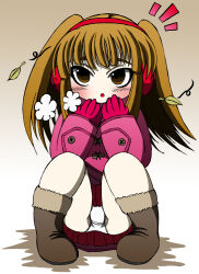 1girl blush boots breath breathing_on_hands brown_background brown_boots brown_eyes brown_hair coat cold earmuffs fur-trimmed_boots fur_trim gloves gradient_background leaf lkagami loli long_hair long_sleeves looking_to_the_side mika-chan_(lkagami) open_mouth original panties pink_coat puff_of_air red_gloves red_skirt skirt squatting surprised twintails underwear white_panties wind