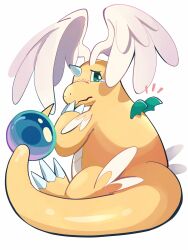 absurdres claws closed_mouth dragon dragonite embarrassed feathered_wings full_body gen_1_pokemon green_eyes head_wings highres horns komanychi mega_dragonite mega_pokemon nintendo no_humans pokemon pokemon_(creature) pokemon_focus simple_background single_horn sitting solo tail tearing_up tears white_background wings