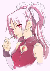 10s 1girl ask02 female_focus food long_hair magical_girl mahou_shoujo_madoka_magica mahou_shoujo_madoka_magica_(anime) mahou_shoujo_madoka_magica_movie_1_&amp;_2 pocky ponytail red_eyes red_hair sakura_kyoko sakura_kyoko_(magical_girl) simple_background solo soul_gem upper_body white_background