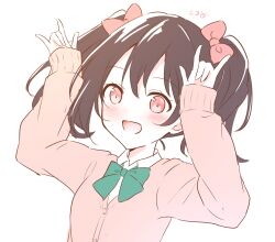 Rule 34 | 1girl, :d, \m/, arms up, black hair, blush, bow, bowtie, cardigan, collared shirt, commentary, dress shirt, green bow, green bowtie, hair bow, hanazora satsuki, highres, limited palette, long sleeves, looking at viewer, love live!, love live! school idol project, medium hair, nico nico nii, open mouth, otonokizaka school uniform, pink bow, pink cardigan, pink eyes, school uniform, shirt, simple background, smile, solo, split mouth, translation request, twintails, upper body, white background, white shirt, winter uniform, yazawa nico