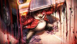 Rule 34 | 1boy, backwards hat, baseball cap, brown eyes, brown hair, brown pants, car, clenched teeth, crack, cracked floor, daimon manami, fat, fat man, glowing, glowing eye, hat, highres, hood, hoodie, jacket, looking up, male focus, motor vehicle, non-web source, official art, pants, red jacket, red shoes, shoes, short hair, solo, teeth, tribe nine, white hoodie
