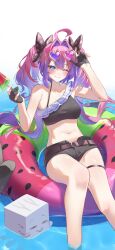 +_+ 1girl ahoge belt bikini black_bikini black_gloves black_shorts blue_eyes blush breasts brown_belt brown_ribbon closed_mouth collarbone commentary food food_print fruit_print gloves grey-framed_eyewear hair_intakes hair_ribbon heart heart-shaped_eyewear highres holding holding_food holding_popsicle hololive hololive_dev_is innertube kikirara_vivi large_breasts long_hair looking_at_viewer minecraft multicolor-tinted_eyewear multicolored_hair navel one_eye_closed partially_fingerless_gloves pendora1022 pink-tinted_eyewear pink_hair popsicle purple-tinted_eyewear ribbon shorts single_bare_shoulder smile solo sparkle_print stomach sunglasses swim_ring swimsuit thighs tinted_eyewear two-tone_hair virtual_youtuber watermelon_bar watermelon_print white_background
