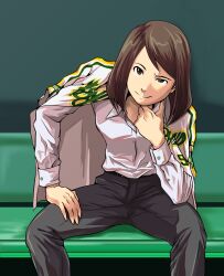 Rule 34 | 1girl, baseball jersey, black pants, breasts, brown eyes, brown hair, collared shirt, commentary request, head rest, highres, jacket, jacket on shoulders, jersey, leaning forward, medium hair, mimiyama kiichi, original, pants, pixiv girls&#039; pro baseball, raised eyebrow, shirt, sitting, small breasts, smile, solo, white shirt