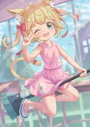 1girl absurdres animal_ear_fluff animal_ears blonde_hair broom broom_riding cat_ears cat_girl cat_tail commentary_request commission dress flat_chest full_body green_eyes highres looking_at_viewer one_eye_closed open_mouth original outdoors pink_dress shoes skeb_commission solo sundress tail two_side_up v white_shoes zusshii_(libertasgenesis)