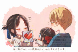 1boy 2girls black_hair blush bow brown_background chocotomamenoki closed_eyes collared_shirt flying_sweatdrops grey_shirt hair_bow hand_up holding if_they_mated kaguya-sama_wa_kokurasetai_~tensai-tachi_no_renai_zunousen~ multiple_girls parted_bangs red_bow shinomiya_kaguya shirogane_miyuki shirt short_hair smile translation_request watermark white_background