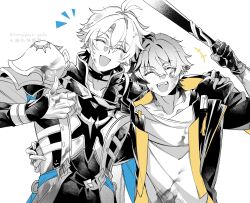 +++ 2boys :d ^_^ absurdres antenna_hair arm_around_shoulder armor artist_name baseball_bat caelus_(honkai:_star_rail) choker closed_eyes coat collarbone collared_shirt commentary_request crossed_bangs dirty dirty_clothes dirty_face fingerless_gloves gloves greyscale hair_between_eyes hand_on_another&#039;s_shoulder hand_up highres holding holding_baseball_bat honkai:_star_rail honkai_(series) hood hood_down hooded_coat long_sleeves male_focus monochrome multiple_boys notice_lines open_clothes open_coat open_mouth parted_bangs pauldrons phainon_(honkai:_star_rail) rongyuan_gulu shirt short_hair shoulder_armor simple_background smile spot_color tassel teeth thumbs_up trailblazer_(honkai:_star_rail) twitter_username upper_body upper_teeth_only white_background