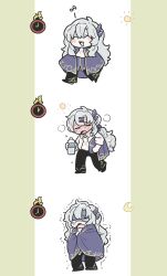 Rule 34 | 1boy, argalia (project moon), ascot, black pants, blue cape, border, bottle, cape, chibi, clock, collared shirt, dante (limbus company), full body, gold trim, green border, highres, kojocho05, library of ruina, limbus company, long hair, long sleeves, looking at viewer, male focus, multiple views, pants, project moon, shirt, simple background, solo, standing, water bottle, white ascot, white background, white hair, white shirt