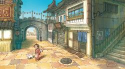 &gt;_&lt; 1boy 1girl :d apron architecture bell black_hair blue_sky bridge building carrying carrying_person cat commentary_request crying day east_asian_architecture hanging_lantern holding holding_toy japanese_clothes kimono lamppost lantern manhole_cover open_mouth original outdoors paper_lantern piggyback poster_(object) railing red_kimono short_hair sky smile stairs town toy trash_can white_apron white_cat wide_shot yukoiwase
