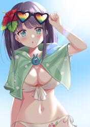 Rule 34 | 1girl, :o, absurdres, arm up, bikini, blue eyes, breasts, capelet, flag print, flag print bikini, floral print, flower, green capelet, hair flower, hair ornament, halterneck, heart, heart-shaped eyewear, highres, large breasts, lens flare, looking at viewer, medium hair, misora (princess connect!), misora (summer) (princess connect!), naked capelet, o-ring, o-ring bikini, o-ring top, official alternate costume, overexposure, princess connect!, print bikini, purple hair, red flower, see-through silhouette, side-tie bikini bottom, solo, ssaaggwwaa, sun, sunglasses, sunlight, swept bangs, swimsuit, upper body