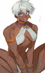 1girl anklet armlet bare_shoulders bikini blue_eyes bracelet breasts collarbone dark-skinned_female dark_skin earrings elena_(street_fighter) flying_sweatdrops grey_hair highres jewelry looking_at_viewer medium_breasts muscular muscular_female neck_ring open_mouth short_hair simple_background sitting solo street_fighter swimsuit teeth trnnmnm4 white_background white_bikini