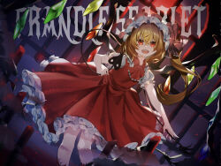1girl ascot bars blonde_hair crystal crystal_wings flandre_scarlet frilled_shirt_collar frilled_skirt frills hat hat_ribbon highres laevatein_(touhou) looking_at_viewer lupi_(yuni_060969) mob_cap open_mouth puffy_short_sleeves puffy_sleeves red_eyes red_skirt red_vest ribbon shirt short_sleeves side_ponytail skirt smile solo touhou vest wings yellow_ascot