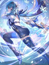 1girl ass backless_outfit black_hairband blue_hair boots breasts chest_harness commentary eula_(genshin_impact) from_behind genshin_impact greatsword hairband harness high-waist_shorts high_heel_boots high_heels highres holding holding_sword holding_weapon leg_up light_particles long_sleeves looking_at_viewer looking_back medium_breasts orange_eyes parted_lips shorts side_cape snowflakes solo song_of_broken_pines_(genshin_impact) sword thigh_boots tsugutoku weapon white_sleeves wide_sleeves