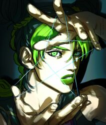 Rule 34 | 1girl, black hair, braid, braided bun, braided ponytail, commentary, cone hair bun, double bun, green eyes, green hair, green lips, hair bun, highres, jojo no kimyou na bouken, kuujou jolyne, looking at viewer, makeup, multicolored hair, parted lips, portrait, santamanymany, shadow, solo, star (symbol), stone ocean, string, teeth, two-tone hair