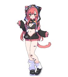 1girl :3 amekko animal_ears animal_hood bandaid bandaid_on_knee bandaid_on_leg bikini bikini_top_only black_bikini black_collar black_jacket blush breasts cat_ears cat_tail cleavage closed_mouth collar full_body goggles goggles_on_head highres hood hood_up hooded_jacket jacket jaggy_lines long_hair long_sleeves looking_at_viewer loose_socks medium_breasts navel nekota_tsuna open_clothes orange_eyes partially_unzipped red_hair shoes simple_background sleeves_past_wrists smile socks solo standing striped_bikini striped_clothes swimsuit tail very_long_hair virtual_youtuber vspo! white_background white_socks zipper_pull_tab