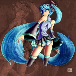 1girl aqua_eyes ass blue_hair detached_sleeves female_focus from_behind hatsune_miku highres long_hair looking_back panties pantyshot saltydanshark skirt solo standing striped_clothes striped_panties thighhighs twintails underwear upskirt very_long_hair vocaloid wind wind_lift zoom_layer