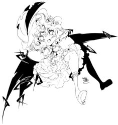 1girl 2024 bat_wings black_outline child dress full_body greyscale hat looking_at_viewer medium_hair mob_cap monochrome mura_kuroe outline remilia_scarlet touhou white_background wings