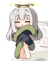 1girl :d barefoot between_thighs black_shirt blue_archive blush chibi closed_eyes facing_viewer grey_hair hair_intakes halo hana_kazari hare_(blue_archive) highres long_sleeves open_mouth shirt simple_background sleeves_past_wrists smile solo standing white_background zoom_layer