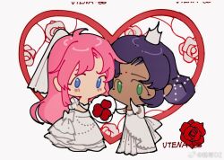 2girls argyle_clothes argyle_sleeves back_bow bare_arms beads blue_eyes bouquet bow bridal_veil bride chibi chinese_commentary commentary_request copyright_name crown dress dress_bow facial_mark flower forehead_mark frilled_dress frills gown green_eyes hair_bun heart himemiya_anthy holding holding_bouquet interracial light_blush long_dress long_hair mini_crown multiple_girls no_eyewear no_mouth ouge_dz parted_bangs pink_hair puffy_short_sleeves puffy_sleeves purple_hair red_flower red_rose rose short_hair short_sleeves shoujo_kakumei_utena single_hair_bun single_side_bun standing tenjou_utena updo veil very_long_hair watermark wedding wedding_dress weibo_watermark white_background white_bow white_crown white_dress white_veil wife_and_wife yuri
