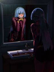 blood blood_on_face blue_hair blushing_female highres kula_diamond mirror snk tears the_king_of_fighters the_king_of_fighters_xv