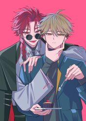 2boys absurdres blonde_hair braid cake earrings food fork hand_on_another&#039;s_shoulder highres holding holding_fork holding_plate ivel3 jacket jacket_on_shoulders jewelry long_hair long_sleeves looking_at_viewer male_focus multiple_boys necktie open_mouth pink_background plate red_eyes red_hair shiguang_dailiren shirt short_hair simple_background single_braid smile sunglasses xia_fei xiao_weiying yellow_eyes