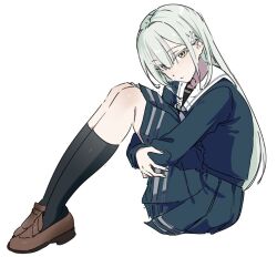 1girl bang_dream! bang_dream!_it&#039;s_mygo!!!!! black_socks blue_serafuku blue_skirt brown_shoes closed_mouth commentary_request from_side full_body grey_hair hair_ornament hairclip highres hugging_own_legs kneehighs loafers long_hair long_sleeves looking_at_viewer pleated_skirt sailor_collar school_uniform serafuku shoes simple_background sitting skirt socks solo tsukinomori_school_uniform wakaba_mutsumi white_background white_sailor_collar winter_uniform yamamoto_kichiko yellow_eyes