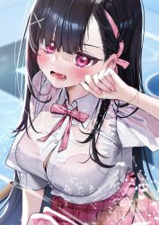 Rule 34 | 1girl, black hair, blush, bra visible through clothes, bracelet, breasts, button gap, collared shirt, commentary request, cowboy shot, ear blush, ear piercing, embarrassed, fang, from above, hair behind ear, hair ornament, hair over shoulder, hair ribbon, hand up, highres, jewelry, large breasts, long hair, looking at viewer, nail polish, neck ribbon, open mouth, original, piercing, pink eyes, pink nails, pink ribbon, pink skirt, plaid clothes, plaid ribbon, plaid skirt, pleated skirt, ribbon, school uniform, see-through clothes, see-through shirt, shirt, shirt tucked in, short sleeves, skirt, solo, straight hair, very long hair, water, wavy mouth, wet, wet clothes, wet shirt, white shirt, wing collar, x hair ornament, yuuyu (moco20111115)