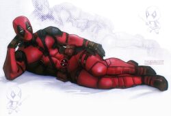 1boy arm_up artist_name belt belt_pouch black_belt bodysuit boots brown_belt candywormm chibi chibi_inset commentary deadpool deadpool_(series) full_body gloves hand_on_own_thigh hashtag-only_commentary head_rest highres lying male_focus marvel mask no_pupils on_side pouch solo superhero_costume thigh_belt thigh_strap white_eyes