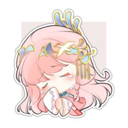 1girl bird bird_hair_ornament blue_collar braid chibi chinese_clothes chinese_commentary closed_eyes collar commentary_request covering_own_mouth crane_(animal) cropped_torso grey_background hair_bun hair_ornament hanfu head_tilt huizi light_blush long_hair long_sleeves nikki_(nikki) nikki_(series) outline pink_hair pink_shawl sad second-party_source shawl side_braid single_braid single_side_bun sleeves_past_fingers sleeves_past_wrists solo swept_bangs teardrop tearing_up two-tone_background very_long_hair white_background white_hanfu white_outline wide_sleeves yunjian