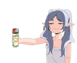 1girl :3 bile_bomb biohazard_symbol black_eyes bread_forbidden bright_pupils commentary dress earrings elf english_commentary floating_earrings frieren highres holding holding_vial jewelry jitome left_4_dead left_4_dead_2 long_hair meme outstretched_arm parted_bangs pointy_ears short_eyebrows simple_background smug solo sousou_no_frieren thick_eyebrows twintails upper_body variant_set vial white_background white_dress white_hair white_pupils you_can_just_give_this_kind_of_thing_to_men_and_they_will_be_thrilled_(meme)