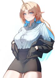 1girl absurdres alternate_costume black_jacket black_skirt blonde_hair blue_eyes blue_hair breasts bright_pupils closed_mouth collared_shirt colored_inner_hair commentary_request cowboy_shot fleurdelys_(wuthering_waves) hands_in_pockets highres horns jacket jimmytwice large_breasts long_hair looking_at_viewer multicolored_hair office_lady pointy_ears shirt shirt_tucked_in sidelocks single_horn skirt solo thighs white_pupils white_shirt wuthering_waves yellow_horns