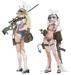 2girls absurdly_long_hair absurdres ai_arctic_warfare ak-47 animal_ear_fluff animal_ears armband ass assault_rifle bag bikini black_bikini black_tail blonde_hair blue_archive blue_halo bolt_action breasts dark-skinned_female dark_skin demon_tail denim denim_shorts dog_ears dog_tags extra_ears eyewear_on_head full_body grey_hair gun hair_over_one_eye hair_ribbon halo hashtag-only_commentary hat high_heel_sandals highres holding holding_gun holding_weapon iori_(blue_archive) iori_(swimsuit)_(blue_archive) jacket kalashnikov_rifle kanna_(blue_archive) kneepits long_hair looking_at_viewer medium_breasts multi-strapped_bikini_bottom multiple_girls navel off_shoulder official_alternate_costume open_clothes open_jacket pointy_ears ponytail purple_halo red_eyes revision ribbon rifle sandals short_shorts shorts shoulder_bag simple_background sniper_rifle sports_bra standing sunglasses swimsuit tail thigh_strap twintails very_long_hair walkie-talkie weapon white_background white_sports_bra zi0807