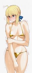 1girl absurdres artoria_pendragon_(fate) bikini blonde_hair blue_eyes blush bra breasts cameltoe fate/grand_order fate_(series) gold_bikini hair_ribbon highres kamisato__sora ribbon shy swimsuit thong underwear