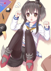 10s 1girl :o alternate_legwear anchor animal_ears black_hair black_pantyhose blush brown_eyes clenched_hands crotch_seam dog_ears dog_tail dress failure_penguin female_focus flying_sweatdrops gradient_hair headgear ikeda_yuuki inkwell kantai_collection kemonomimi_mode legs_up long_sleeves lying map multicolored_hair neckerchief nib_pen_(object) on_back panties panties_under_pantyhose pantyhose pen revision sailor_collar sailor_dress short_hair short_hair_with_long_locks solo tail tokitsukaze_(kancolle) underwear white_panties