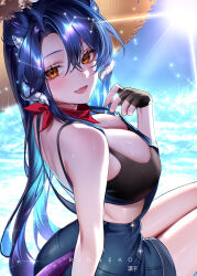 1girl absurdres black_gloves blue_hair blush breasts cleavage commentary crop_top day dragon_girl dragon_horns fingerless_gloves from_side gloves hair_between_eyes hat highres horns indie_virtual_youtuber large_breasts long_hair looking_at_viewer looking_to_the_side open_mouth outdoors ringeko-chan solo straw_hat sunlight very_long_hair vienna_(vtuber) virtual_youtuber wide_brim