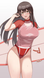 Rule 34 | 1girl, akagi (kancolle), breasts, brown eyes, brown hair, cowboy shot, hair between eyes, highleg, highleg one-piece swimsuit, highres, holding, holding surfboard, kantai collection, large breasts, long hair, looking at viewer, mayomaru1, one-piece swimsuit, rash guard, red one-piece swimsuit, red shirt, shirt, simple background, solo, surfboard, swimsuit, thighs