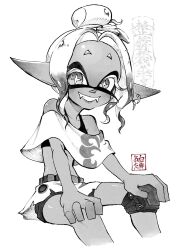 1girl bare_shoulders bra collarbone commentary_request cross-shaped_pupils earrings fangs frye_(splatoon) greyscale grin groin hair_bun hands_on_own_knees highres inkling invisible_chair jewelry knee_pads kurotake_ihi long_eyelashes long_pointy_ears looking_at_viewer midriff miniskirt monochrome multiple_earrings nintendo official_alternate_costume official_alternate_hairstyle parted_bangs pointy_ears shawl short_eyebrows short_hair shorts shorts_under_skirt single_hair_bun single_knee_pad sitting skirt smile solo splatoon_(series) splatoon_raiders symbol-shaped_pupils torn_clothes torn_skirt underwear