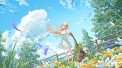 1girl :d acoustic_guitar ahoge bare_arms blonde_hair blue_sky brown_eyes cloud commentary_request copyright_notice cumulonimbus_cloud day dress falling_petals floating_hair full_body guitar hair_ribbon halter_dress halterneck hand_up highres hololive hololive_dev_is instrument long_hair official_art one_side_up open_mouth otonose_kanade outdoors petals red_ribbon ribbon short_dress sidelocks sky sleeveless sleeveless_dress smile standing tngn96 tree virtual_youtuber white_dress