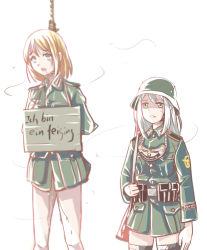 2girls aiguillette arms_behind_back asphyxiation bdsm blonde_hair blue_eyes bolt_action bondage bound bug combat_helmet corpse death drooling empty_eyes epaulettes fly german_clothes german_text green_eyes green_shirt gun guro hair_between_eyes hanged helmet highres insect karabiner_98k longmei_er_de_tuzi military military_police military_uniform multiple_girls no_pants noose open_mouth pee peeing peeing_self ranguage reichsadler rifle rope saliva saliva_trail shaded_face shirt sign simple_background soldier stahlhelm suspension thighhighs translated weapon white_background white_hair world_war_ii zettai_ryouiki