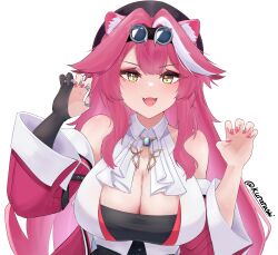 1girl absurdres animal_ears ascot bare_shoulders beret black_hat blush breasts claw_pose cleavage coat commentary english_commentary eyeshadow fangs fingernails goggles goggles_on_head hair_intakes hat highres hololive hololive_english huge_breasts kurarashi long_hair looking_at_viewer makeup multicolored_hair nail_polish open_mouth panther_ears panther_girl pink_coat pink_eyeshadow pink_hair pink_nails raora_panthera raora_panthera_(1st_costume) shirt simple_background smile solo streaked_hair virtual_youtuber white_ascot white_background white_hair white_shirt yellow_eyes