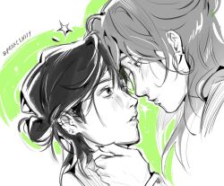 2girls commentary ear_piercing earrings eye_contact face-to-face greyscale_with_colored_background hair_bun hand_on_another&#039;s_face hoop_earrings jewelry kininatteru_hito_ga_otoko_ja_nakatta koga_mitsuki long_hair looking_at_another mole mole_under_eye multiple_girls oosawa_aya parted_lips piercing portrait proxcinity short_hair single_hair_bun twitter_username yuri