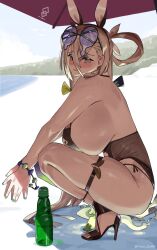 1girl animal_ear_hairband animal_ears aqua_nails armpits artist_name asymmetrical_bangs bare_arms bare_legs bare_shoulders beach bikini bird black_hairband black_one-piece_swimsuit black_shoes black_trim blue_sky blurry blush bottle bracelet breasts chaldea_logo cloud commentary day depth_of_field detached_collar english_commentary eyewear_on_head fake_animal_ears fate/grand_order fate_(series) fire from_side furrowed_brow green_fire green_nails grey_eyes grey_hair hair_behind_ear hair_between_eyes hair_ribbon hair_rings hairband high_heels highleg highleg_one-piece_swimsuit highres hill hooves huge_breasts huyan_zhuo_(fate) huyan_zhuo_(swimsuit)_(fate) jewelry long_hair long_hair_between_eyes looking_at_viewer monkey_jon multicolored_nails nail_polish nose_blush novelty_glasses ocean official_alternate_costume official_alternate_hairstyle one-piece_swimsuit outdoors own_hands_together plunging_neckline purple-tinted_eyewear rabbit_ear_hairband rabbit_ears ramune ribbon round_eyewear sand seagull shade shiny_skin shoes side-tie_bikini_bottom sideboob sideways_glance skindentation sky smile solo squatting string_bikini sunglasses sunlight sweat swimsuit thick_thighs thigh_strap thighs tinted_eyewear turning_head twitter_username under_umbrella very_long_hair white_ribbon