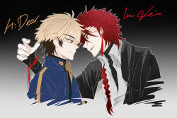 2boys black_hair black_jacket black_shirt blonde_hair blue_jacket bracelet braid braided_ponytail chinese_commentary chinese_knot collared_shirt earrings english_text eye_contact from_side gradient_background hand_up jacket jewelry long_hair long_sleeves looking_at_another male_focus multicolored_hair multiple_boys open_mouth profile red_eyes red_hair shiguang_dailiren shirt short_hair single_braid single_earring sleeves_past_wrists smile spiked_hair tassel tassel_earrings turtleneck two-tone_hair tyrant1015 upper_body white_shirt xia_fei xiao_weiying yaoi yellow_eyes