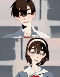 Rule 34 | 1boy, 1girl, alien stage, black eyes, collared shirt, commentary, english commentary, english text, grey eyes, hairband, highres, ivan (alien stage), neck ribbon, neon genesis evangelion, red pupils, red ribbon, ribbon, school uniform, shirt, short hair, sua (alien stage), tokyo-3 middle school uniform, uchiha i arts, very short hair, watermark, white hairband