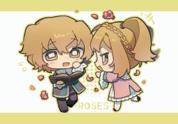 1boy 1girl :d aqua_shirt blonde_hair book braid brother_and_sister chibi chibi_only chinese_commentary commentary_request crown_braid dress fata_morgana_no_yakata flower flying_sweatdrops hand_on_own_cheek hand_on_own_face holding holding_book leg_up letterboxed looking_at_another looking_at_object looking_down mell_rhodes nellie_rhodes open_mouth petals pink_dress pink_flower pink_rose rose rose_petals shirt short_hair short_twintails siblings smile sweatdrop twintails v-shaped_eyebrows yellow_eyes yuer6350