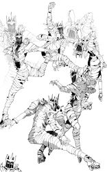 Rule 34 | 1other, absurdres, armor, bandages, dynamic pose, elden ring, elden ring nightreign, extra arms, full armor, full body, greyscale, helmet, heolstor the nightlord, highres, leg up, matata1203, monochrome, skates, skating, solo focus, spiked helmet