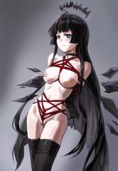 1girl a_tea arknights arms_behind_back bdsm black_eyes black_gloves black_hair black_thighhighs bondage bound breasts choker covered_navel crotch_rope elbow_gloves gloves highres long_hair looking_at_viewer medium_breasts nipples shibari sidelocks simple_background skindentation smile standing thighhighs very_long_hair virtuosa_(arknights)