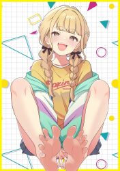 1girl :d aqua_jacket bare_legs barefoot black_bow blonde_hair blue_skirt blush border bow braid brown_eyes collarbone commentary_request commission feet foot_focus fujita_kotone full_body gakuen_idolmaster grid_background hair_bow hair_over_shoulder highres idolmaster jacket knees_up long_sleeves looking_at_viewer miniskirt open_mouth pleated_skirt shirt skirt smile soles solo spread_toes teeth toenails toes toxic_pter twin_braids upper_teeth_only white_background yellow_border yellow_shirt